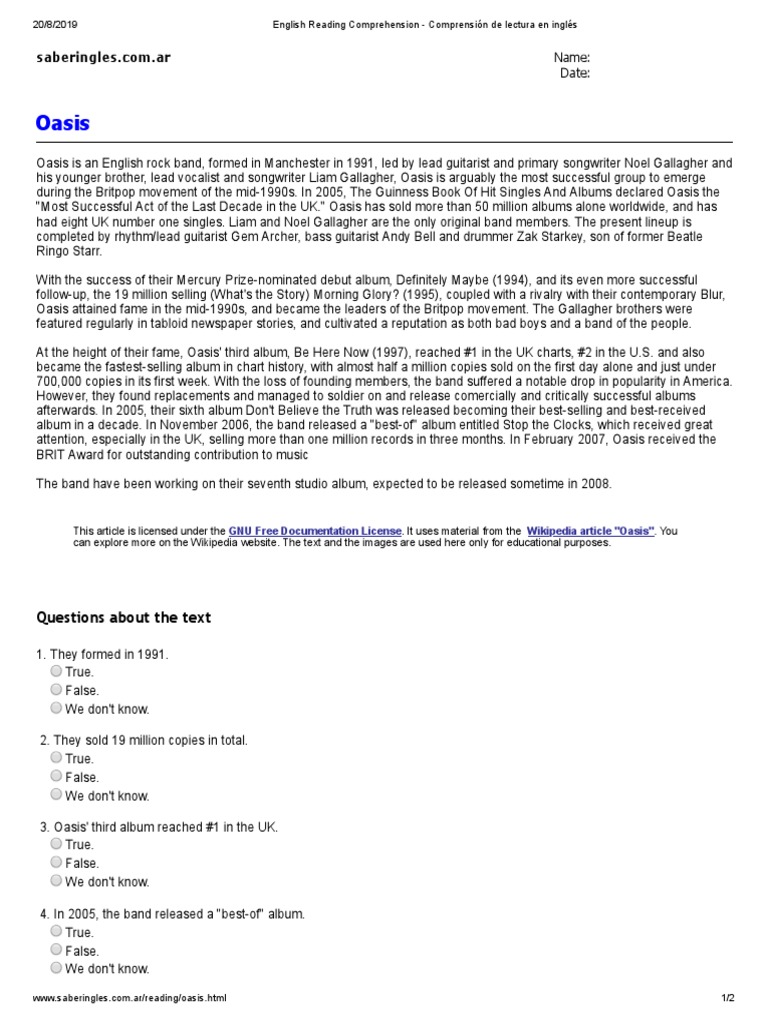 Oasis Questions About The Text PDF Rock Music Music Industry