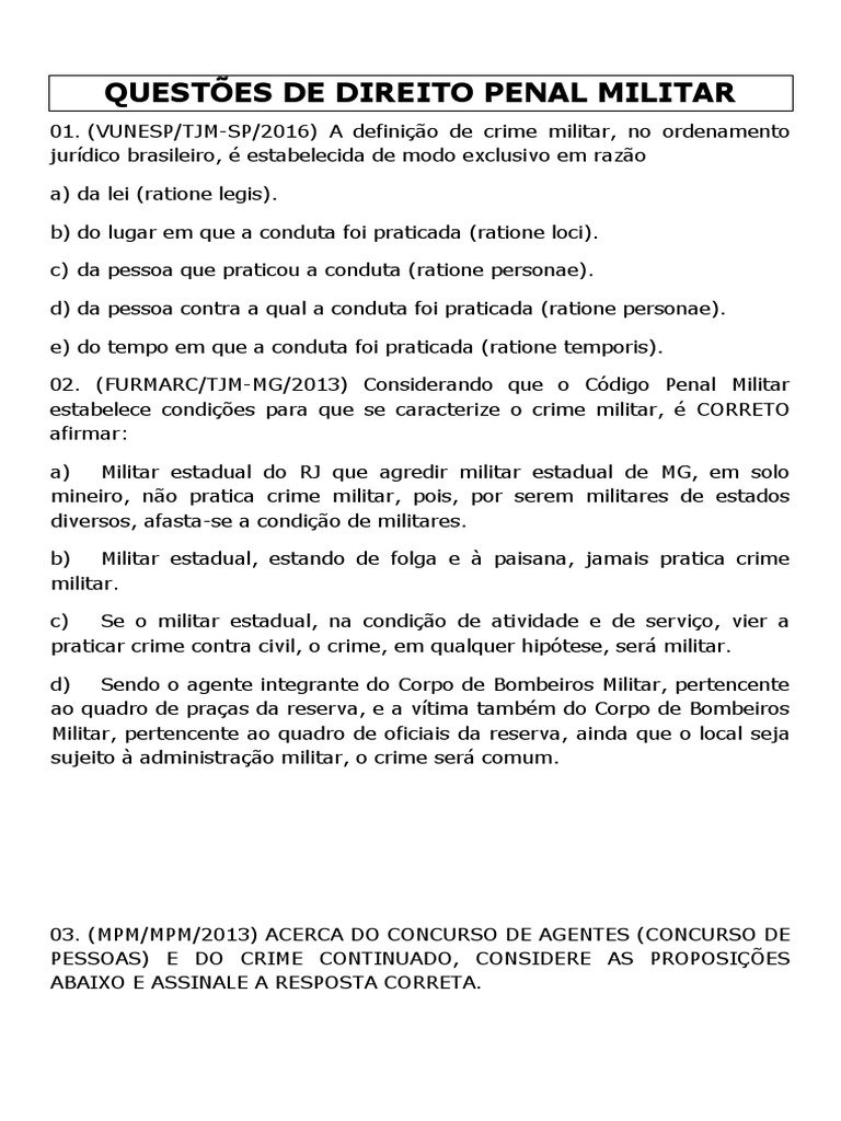 Questões sobre Direito Penal Militar | PDF | Lesão corporal (crime ...