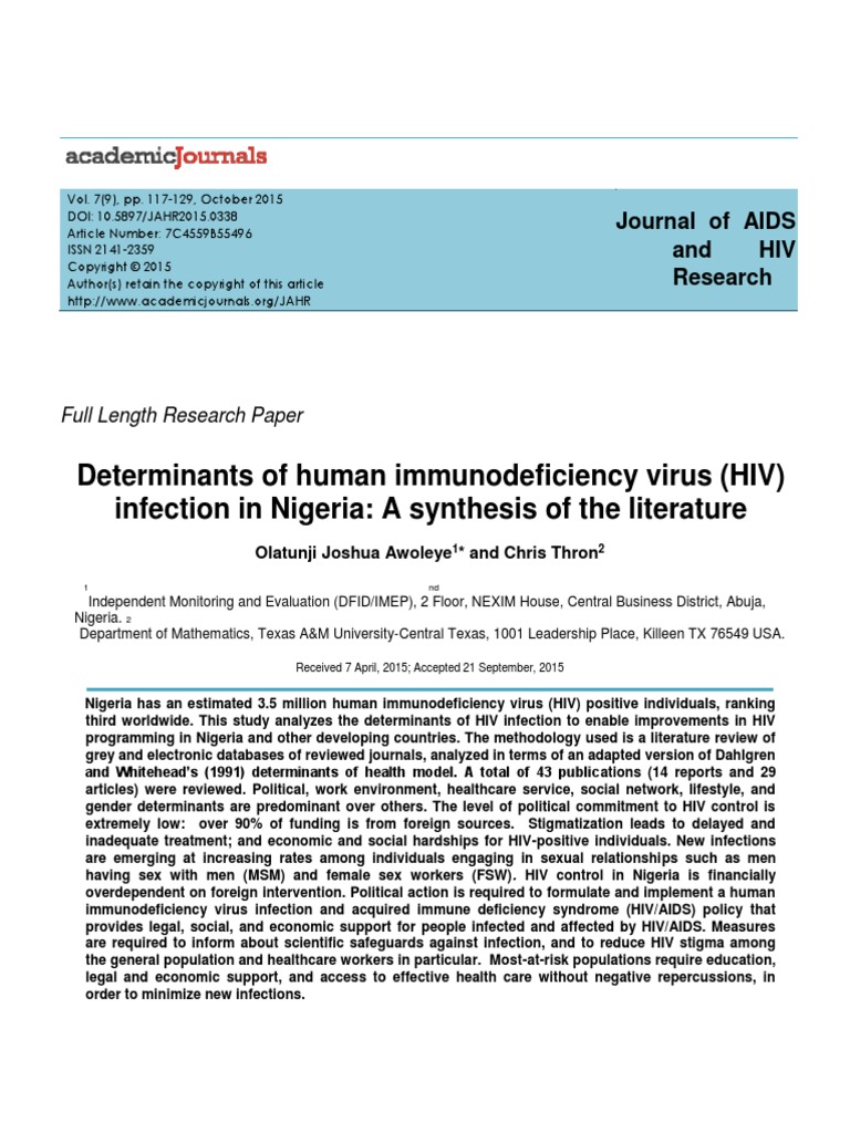 Determinants of Human Immunodeficiency Virus (HIV) Infection in Nigeria