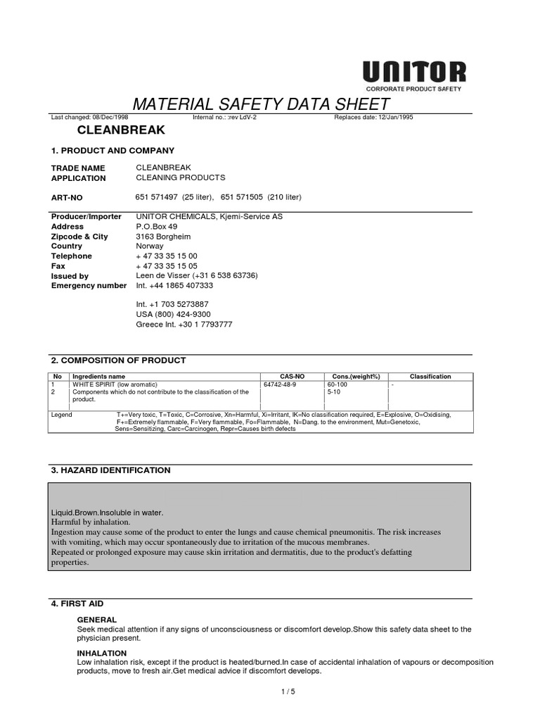 Unitor Msds PDF Firefighting Personal Protective Equipment