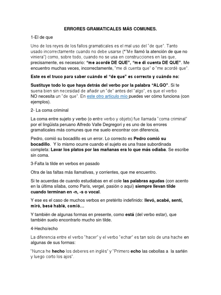 Errores Gramaticales Comunes en Español | PDF | Asunto (gramática ...