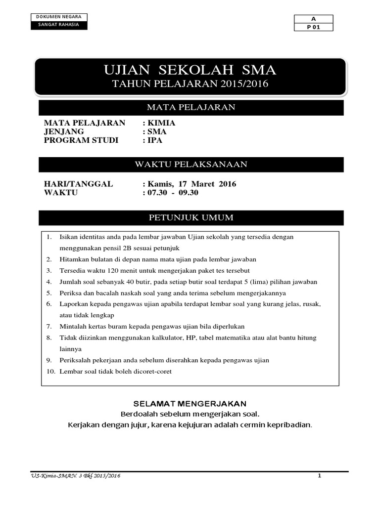 Soal Us Kim Sman 3 Paket A Pdf