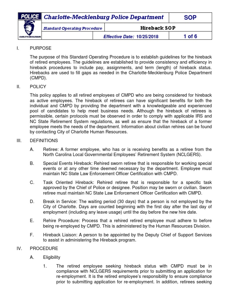 CMPD Standard Operating Procedures Hirebacks PDF Security Guard Police Officer