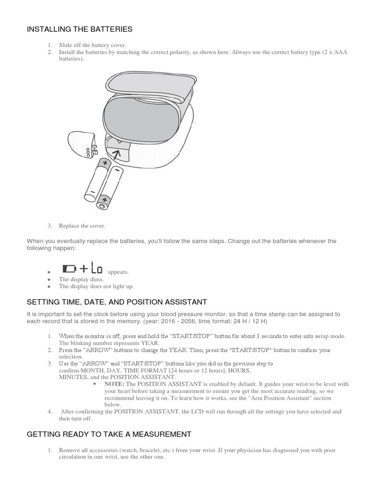 Installing Batteries, Setting Up Your Blood Pressure Monitor, and