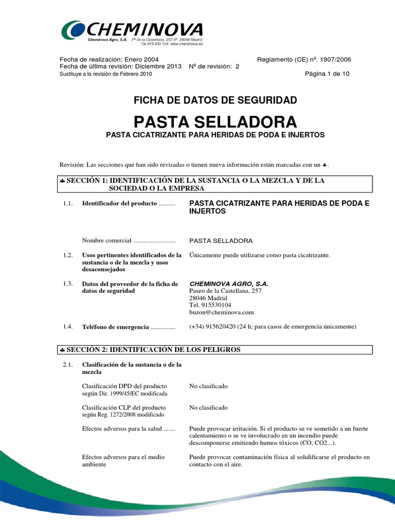 Pasta Selladora Msds CLP | PDF | Contaminación | Agua