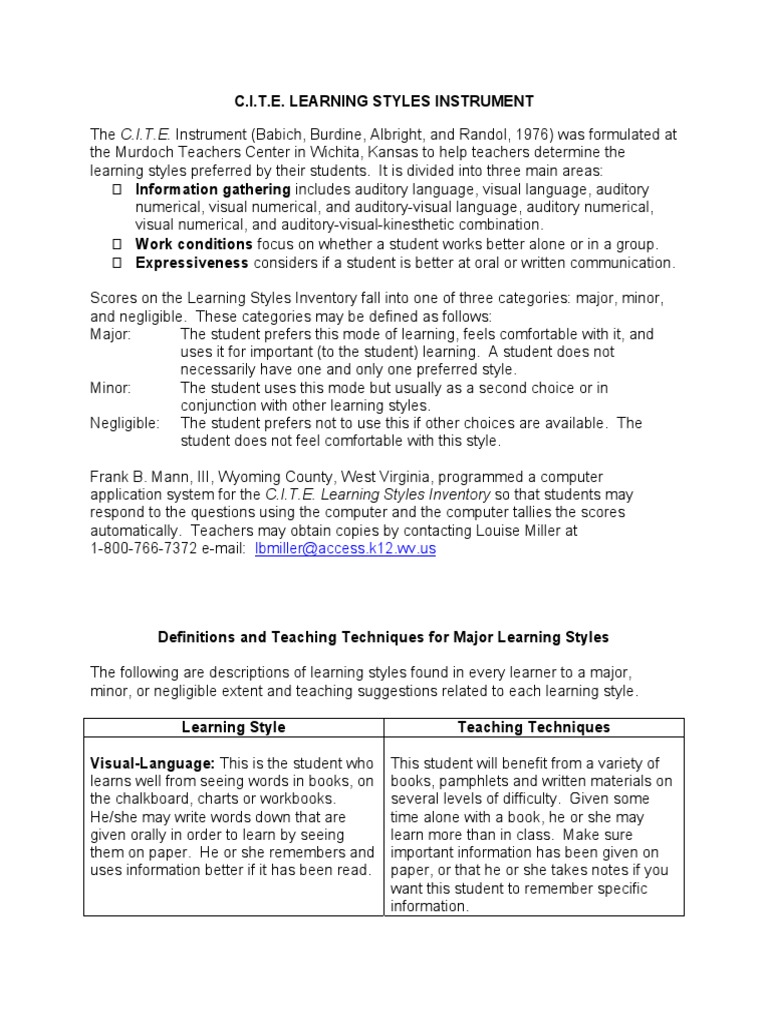 C.I.T.E. Learning Styles Overview | PDF | Applied Psychology ...
