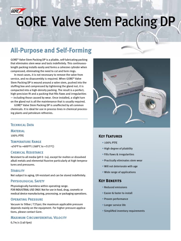 GORE Valve Stem Packing Datasheet PDF Valve Fluorine
