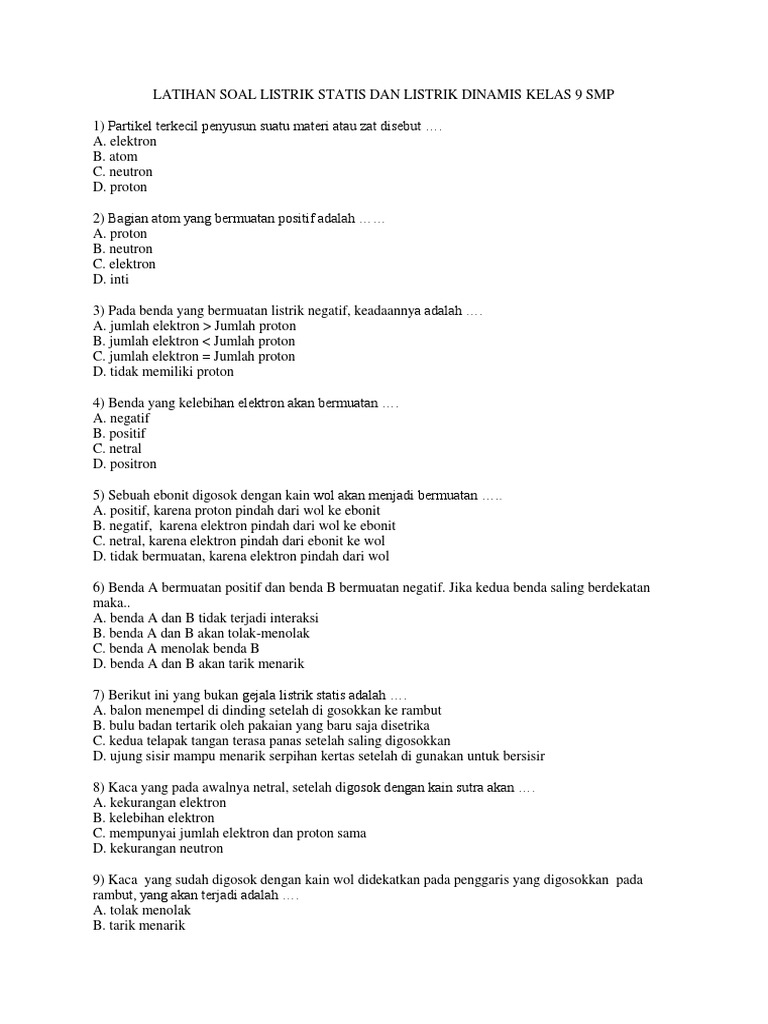 Latihan Soal Listrik Statis Dan Listrik Dinamis Kelas 9 Smp