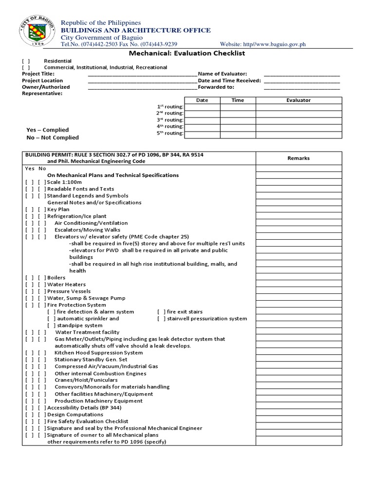 Mechanical Evaluation Checklist Baguio | PDF | Hvac | Elevator