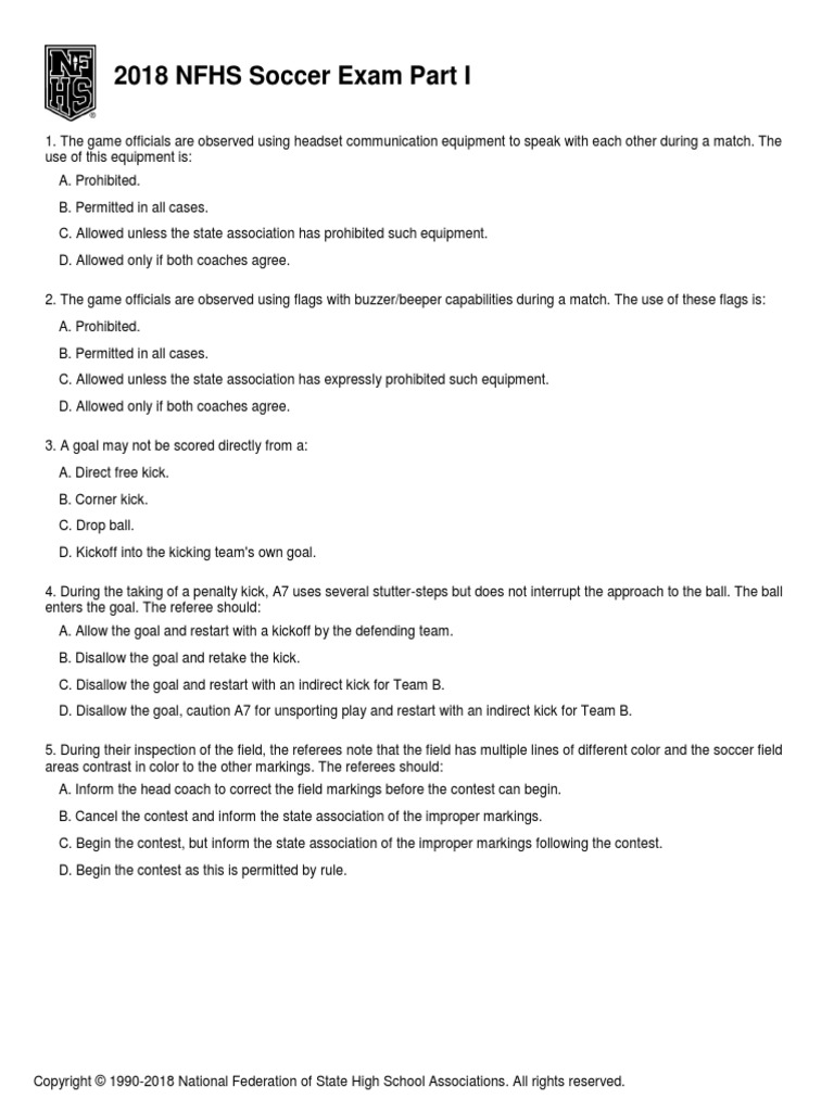 2018 NFHS Soccer Exam Part 1 Association Football Referee