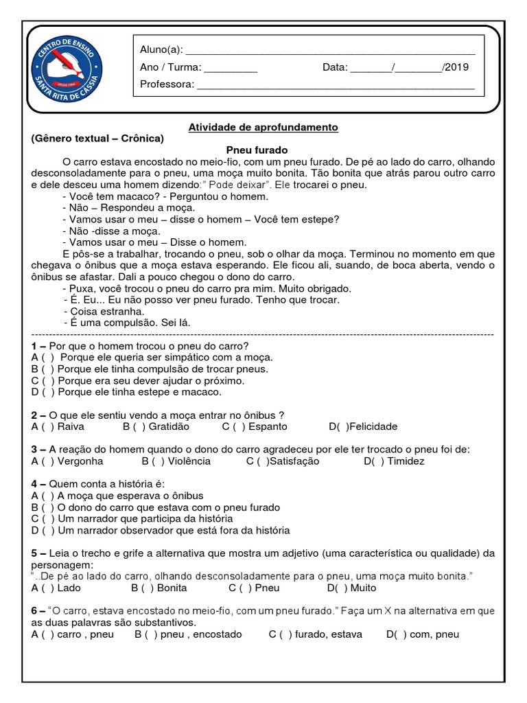 Atividade de aprofundamento sobre a crônica 'Pneu furado' | PDF | Pneu