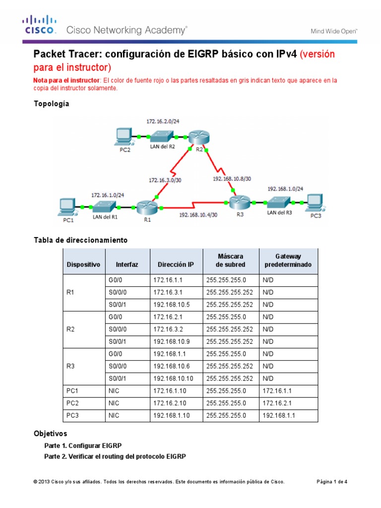 6.2.2.4 Packet Tracer - Configuring Basic EIGRP With IPv4 Instructions ...