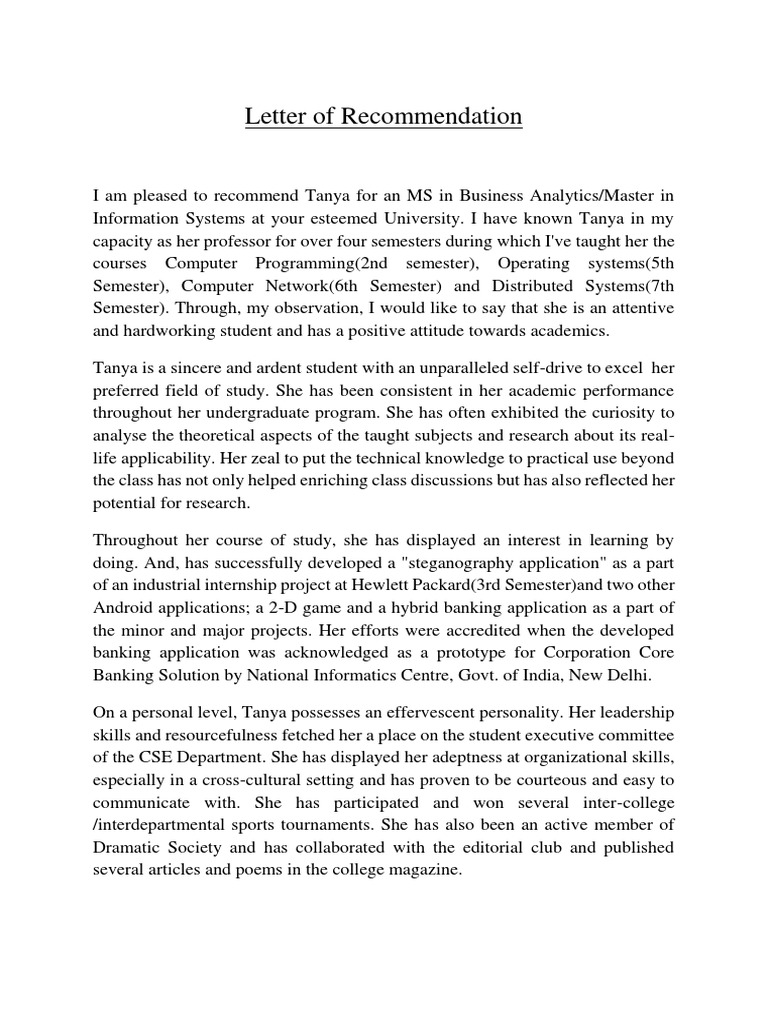 Recommendation for Tanya's MS in CS | PDF | Computer Science | Learning