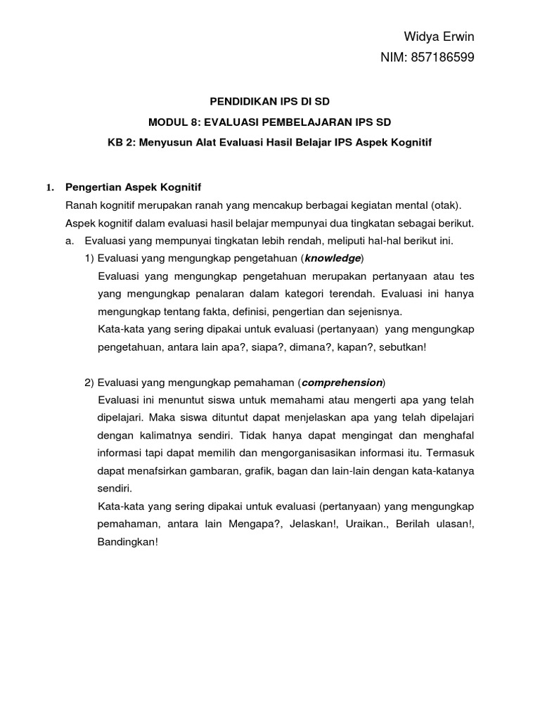 Pendidikan Ips Di Sd Modul 8 Evaluasi Pembelajaran Ips Sd Kb 2 Menyusun Alat Evaluasi Hasil Belajar Ips Aspek Kognitif