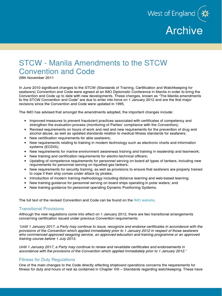 Manila Amendments to STCW Code 2011 | PDF | Waterway And Maritime ...
