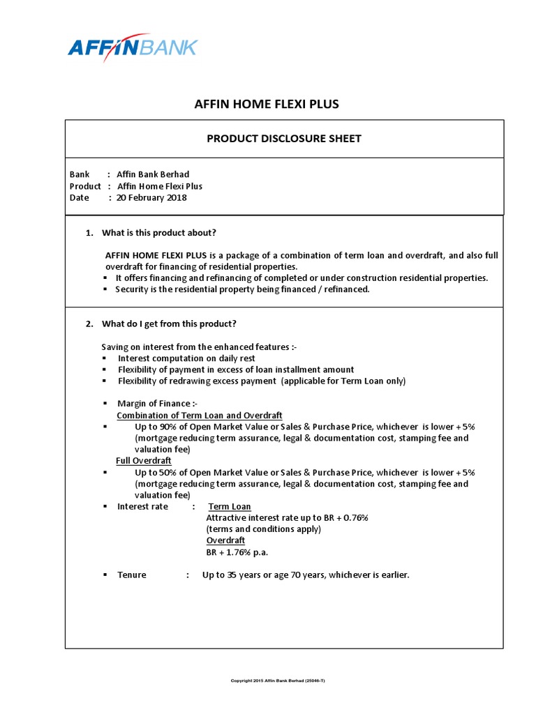 Affin Home Flexi Plus Product Disclosure Sheet PDF Loans