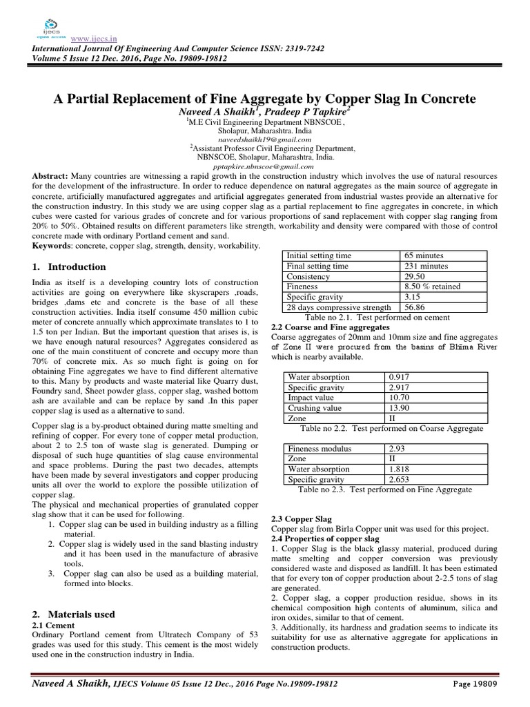 A Partial Replacement of Fine Aggregate by Copper Slag in Concrete ...