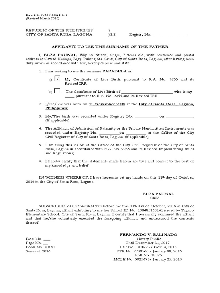Affidavit for Father's Surname Use | PDF | Affidavit | Notary Public