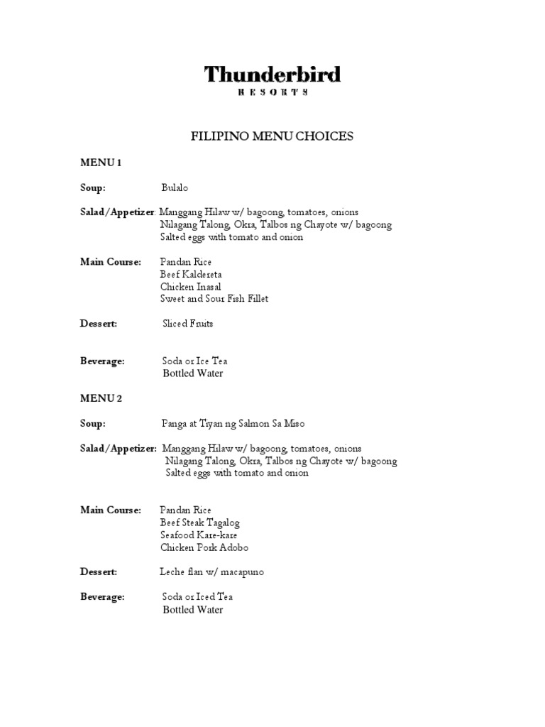 Filipino Menu Options and Dishes | PDF