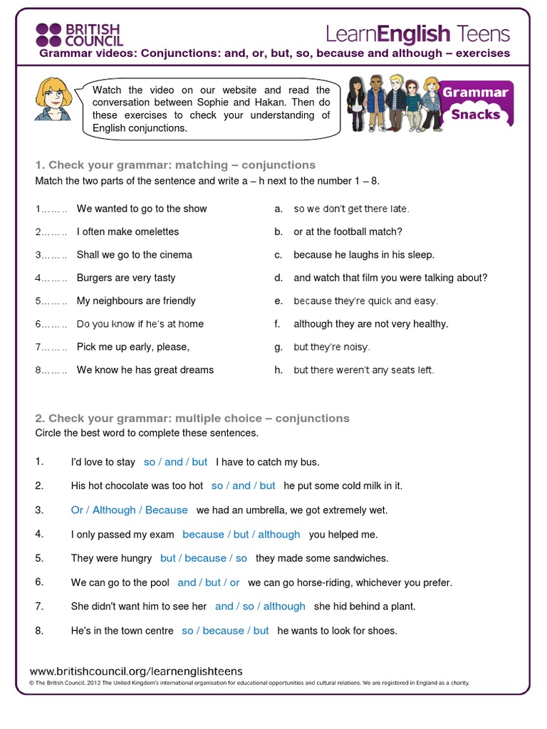 Conjunctions Grammar Exercises Guide | PDF