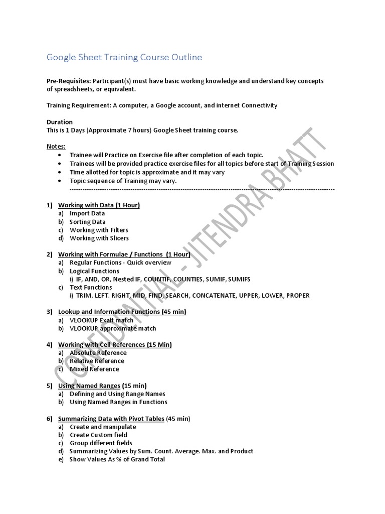 Google Sheets Training Course Outline | PDF