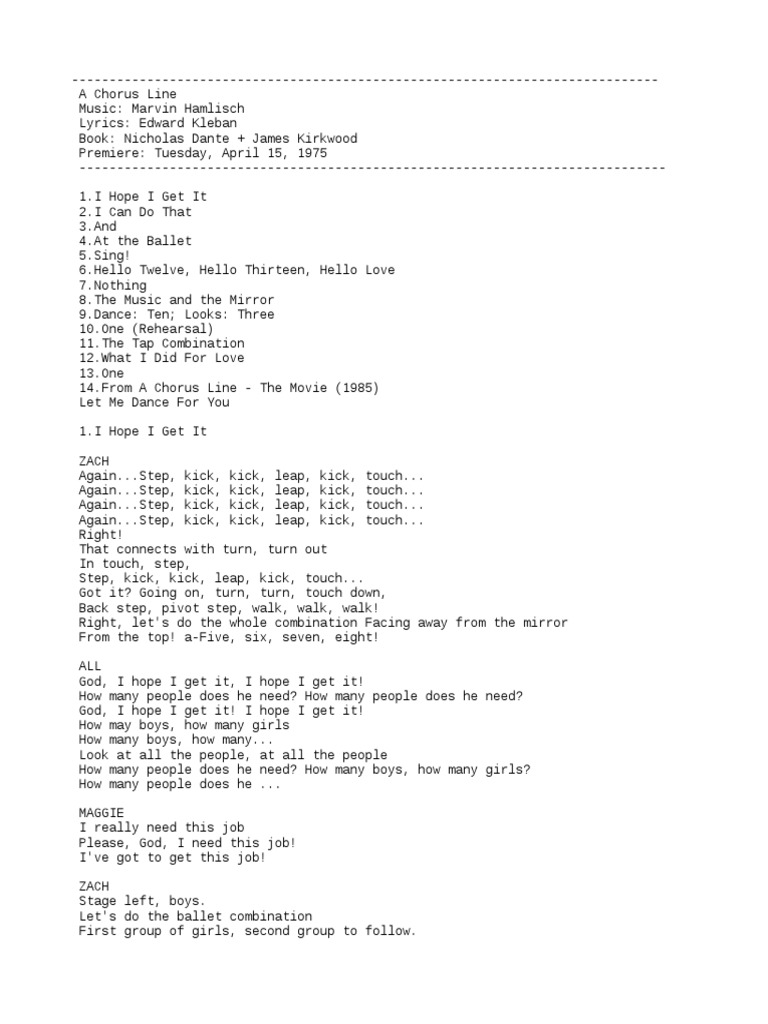 A Chorus Line Libretto Pdf Performing Arts