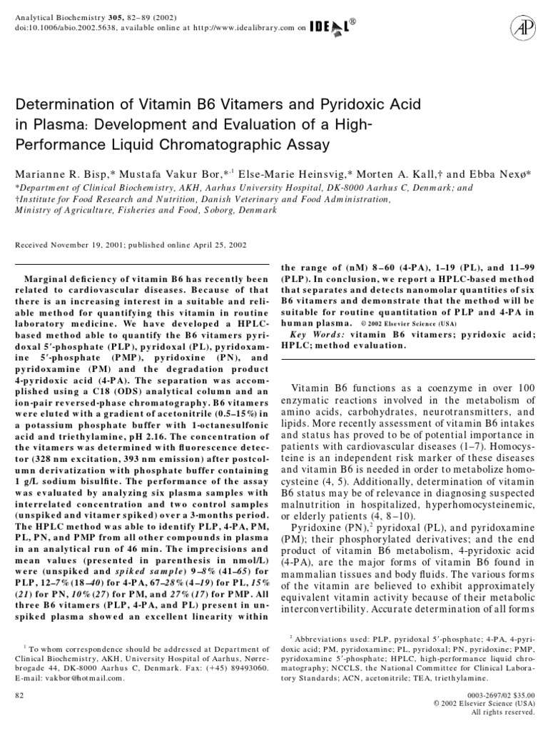 Determination of Vitamin B6 Vitamers and Pyridoxic Acid in Plasma
