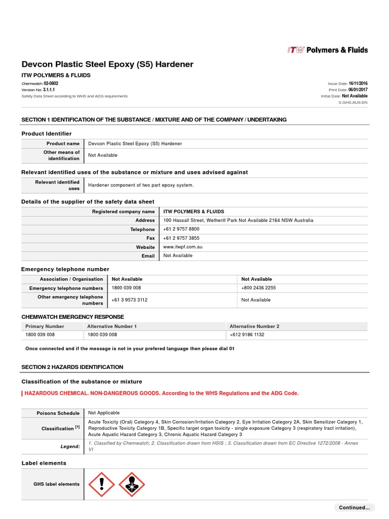 Plastic Steel Epoxy DS 5 SDS 2016 PDF Combustion Toxicity