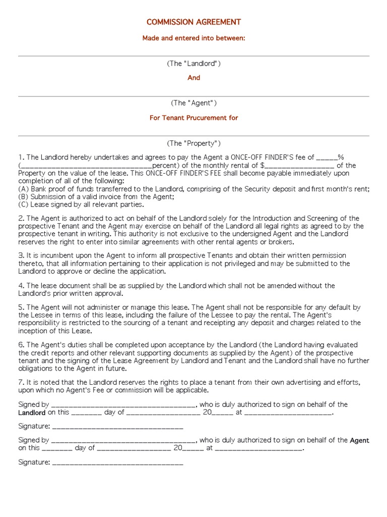 Landlord-Agent Commission Agreement | PDF | Landlord | Lease