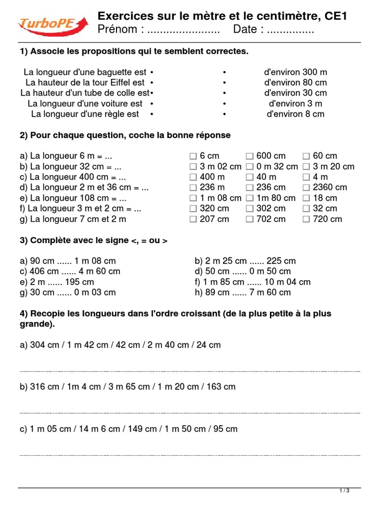 Exercice Conversion Cm1 à Imprimer Fiche Exercices Sur Le Metre Et Le Centimetre Ce1 FDwL3Yvk | PDF | Des  sports | Athlétisme