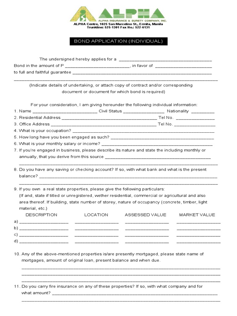 Bond Application Individual | PDF | Banks | Mortgage Loan