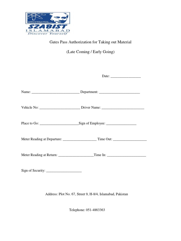 Gate Pass Authorization Format | PDF | Career & Growth | Finance ...