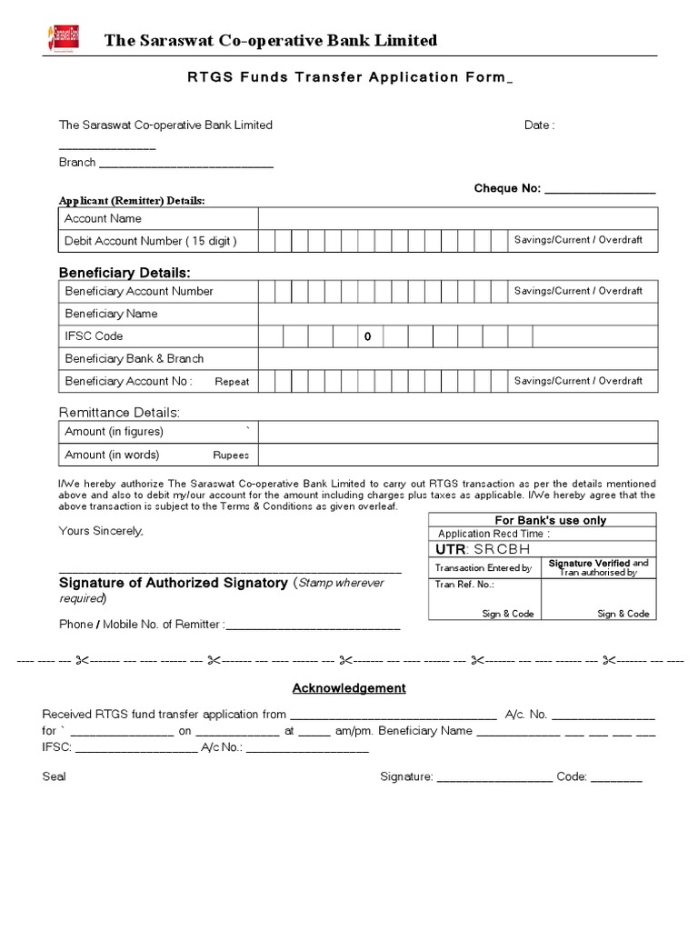 RTGS Funds Transfer Application Form | PDF | Overdraft | Debit Card