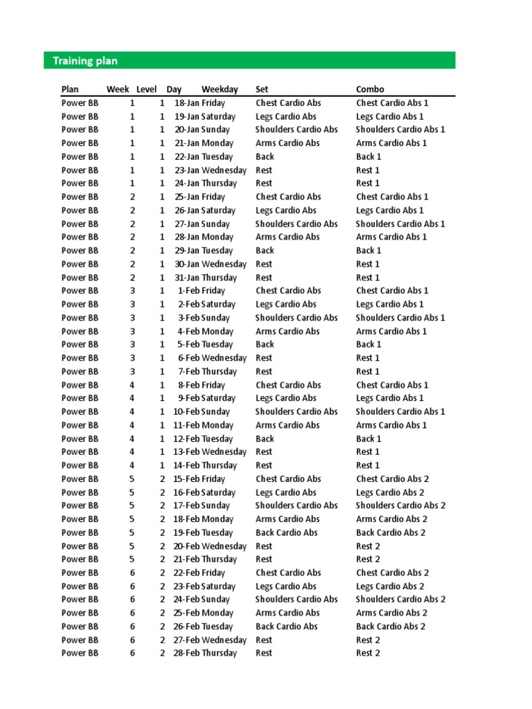 Training Plan: Plan Week Level Day Weekday Set Combo | PDF | Workweek ...