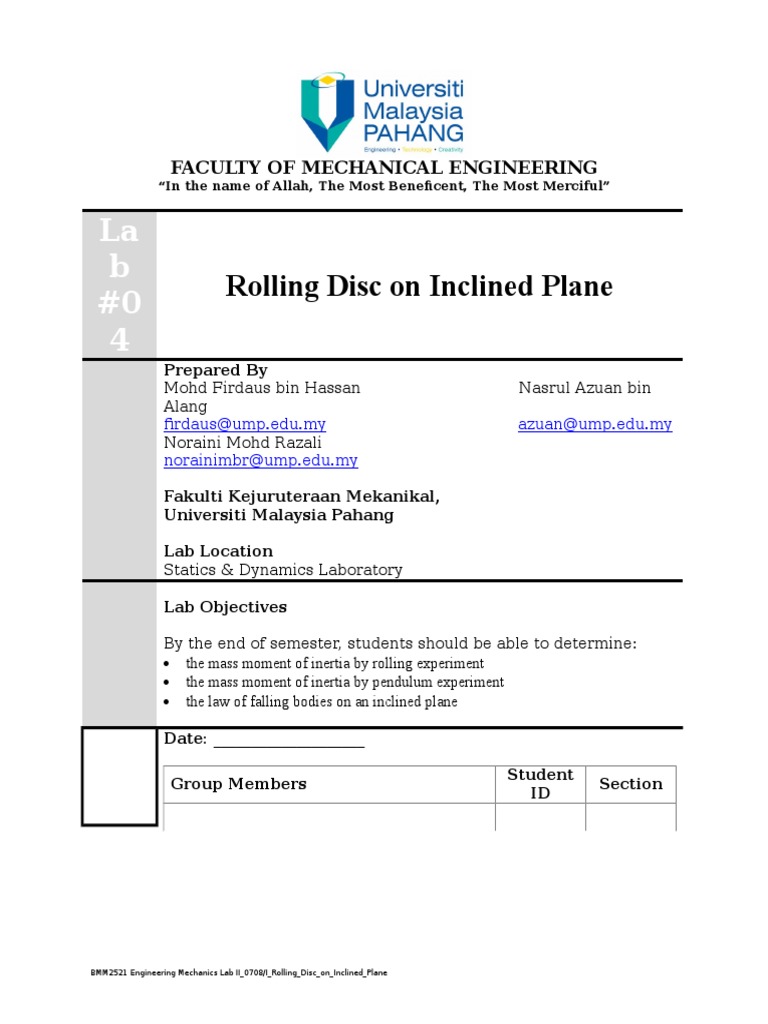 Rolling Disk Dynamics on Inclined Plane | PDF | Inertia | Friction