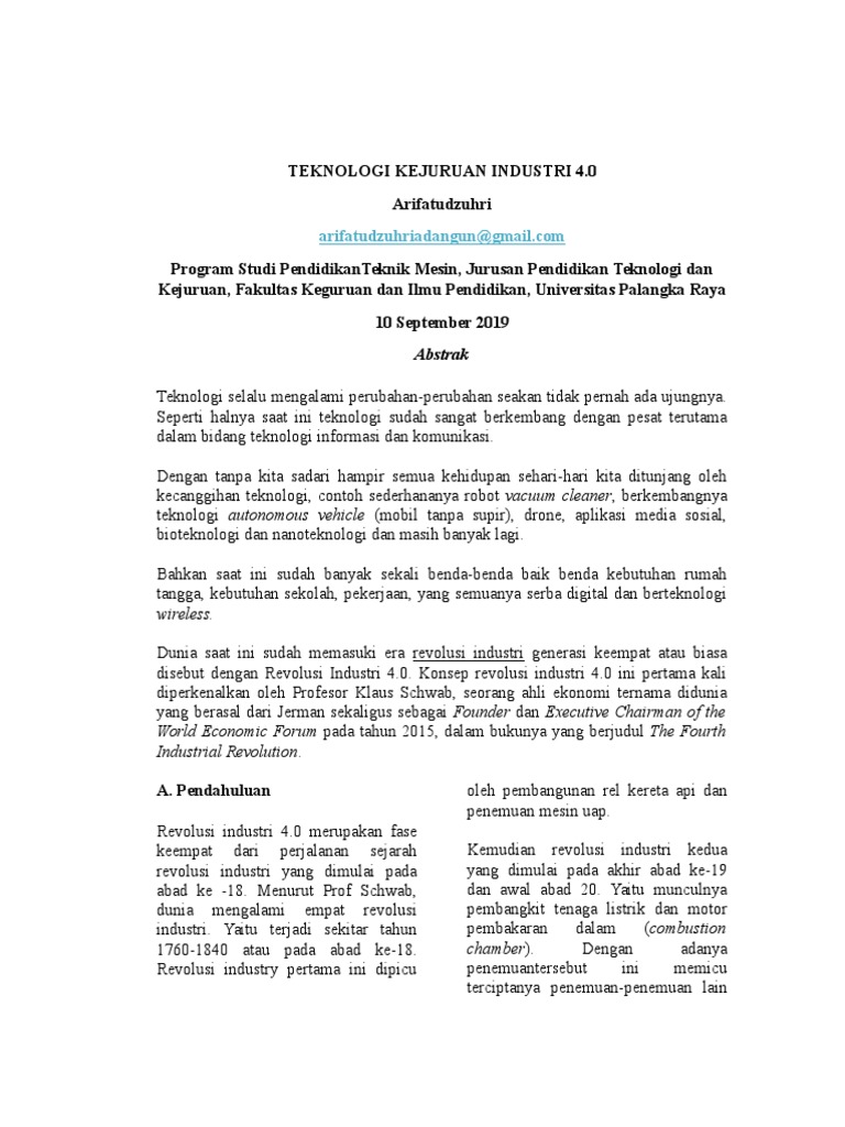 Jurnal Tentang Peran Pendidikan Kejuruan Di Era Revolusi Industri 4 0 Pdf