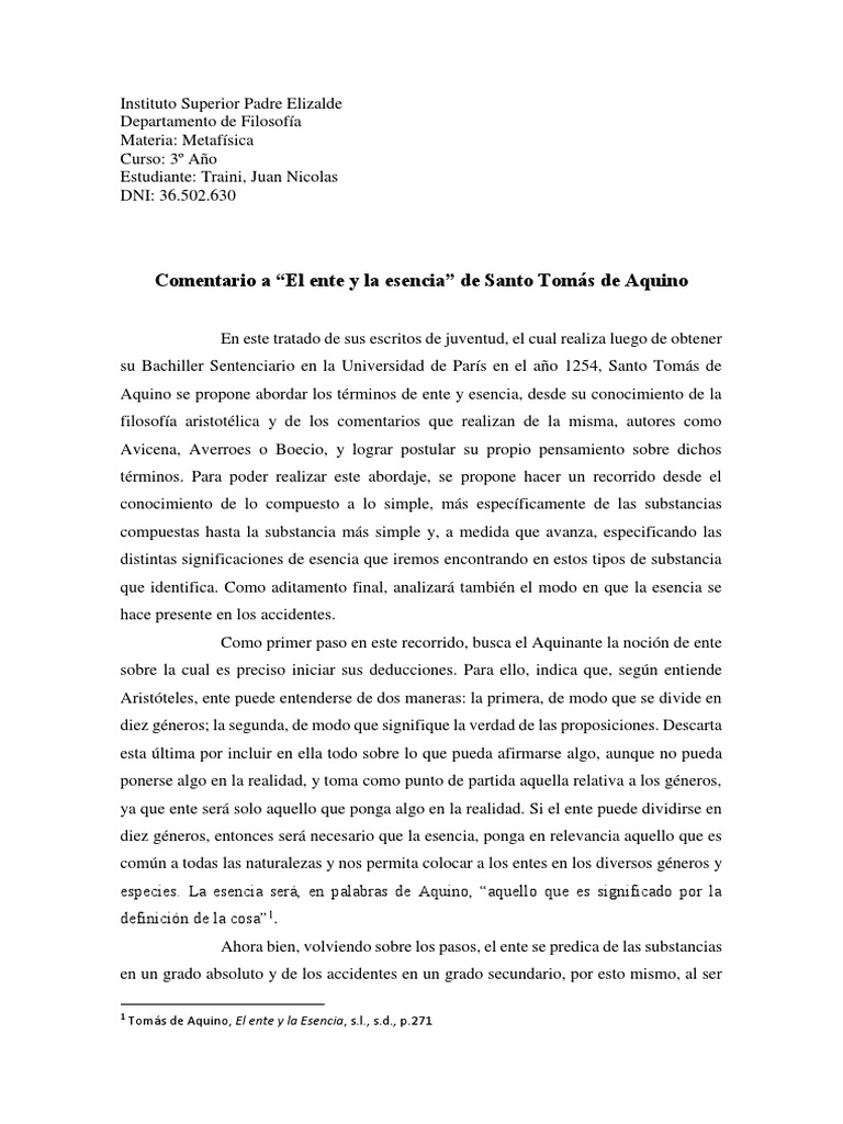 Comentario A El Ente y La Esencia PDF Esencia Tomás de Aquino