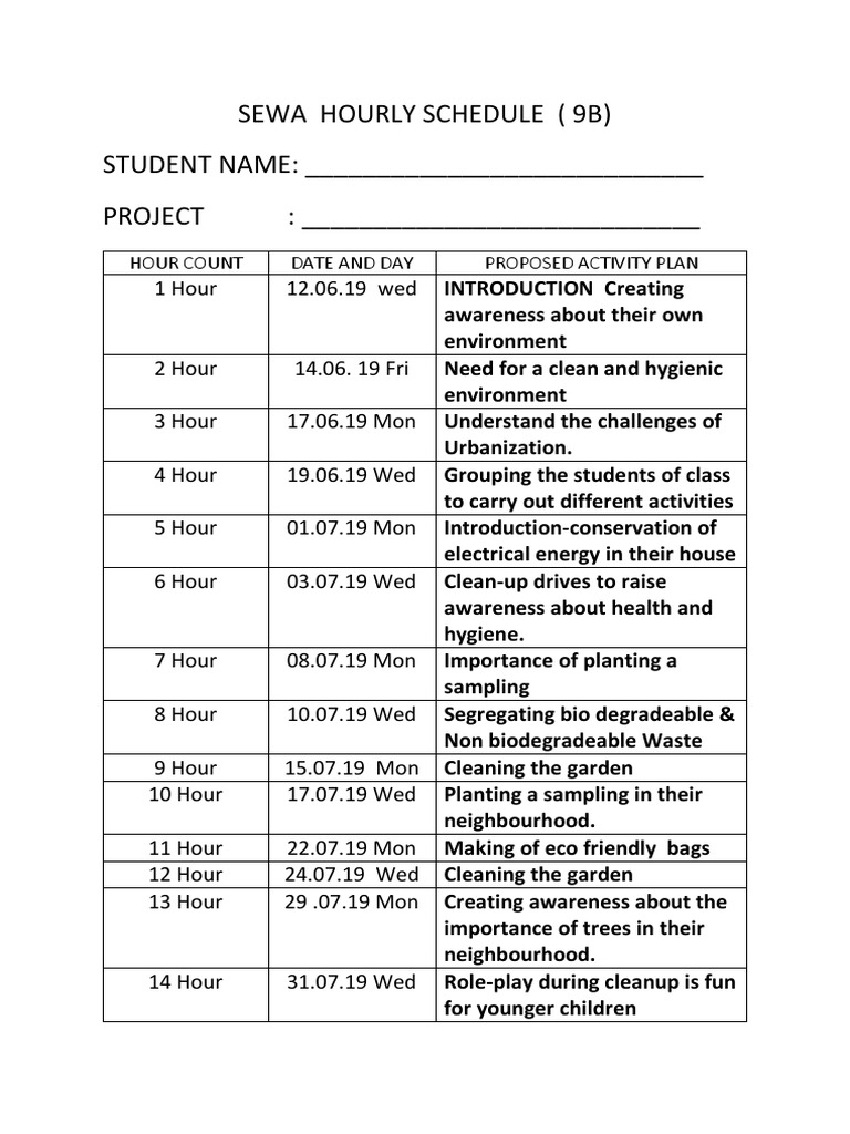 SEWA Project Schedule for Class 9B | PDF | Environment | Environmental ...