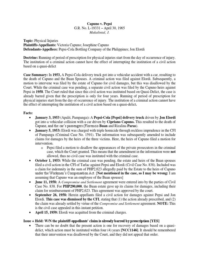 Capuno v. Pepsi TORTS PDF Statute Of Limitations Lawsuit