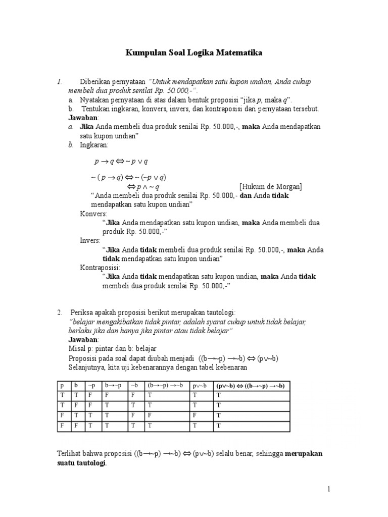 Kumpulan Soal Logika Matematika Jawaban