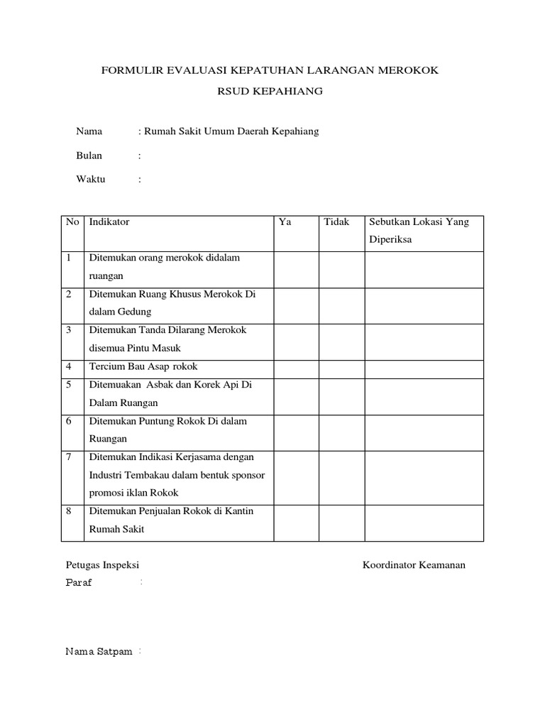 Formulir Evaluasi Kepatuhan Larangan Merokok | PDF