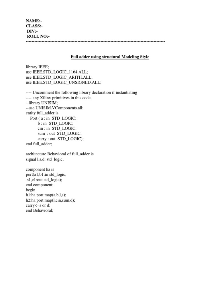 Full Adder VHDL Behavioral Model | PDF | Digital Electronics | Computing