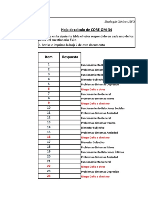 CORE-OM-34 Hoja de Calificación (Imprimible), PDF, Ansiedad