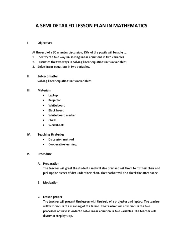 A Semi Detailed Lesson Plan in Mathematics | PDF | Lesson Plan | Equations