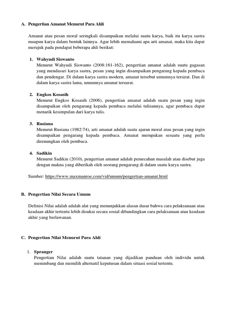 Pengertian Amanat Nilai Dan Watak Menurut Para Ahli