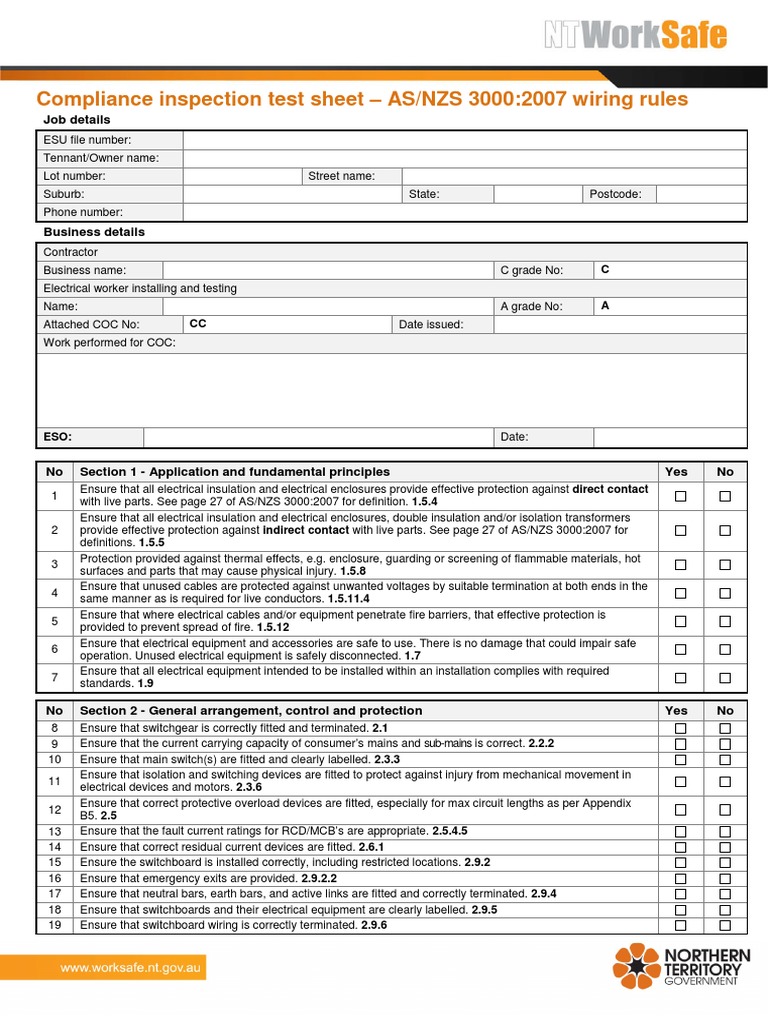 AS/NZS 3000 Compliance Test Sheet | PDF | Electrical Wiring | Electricity