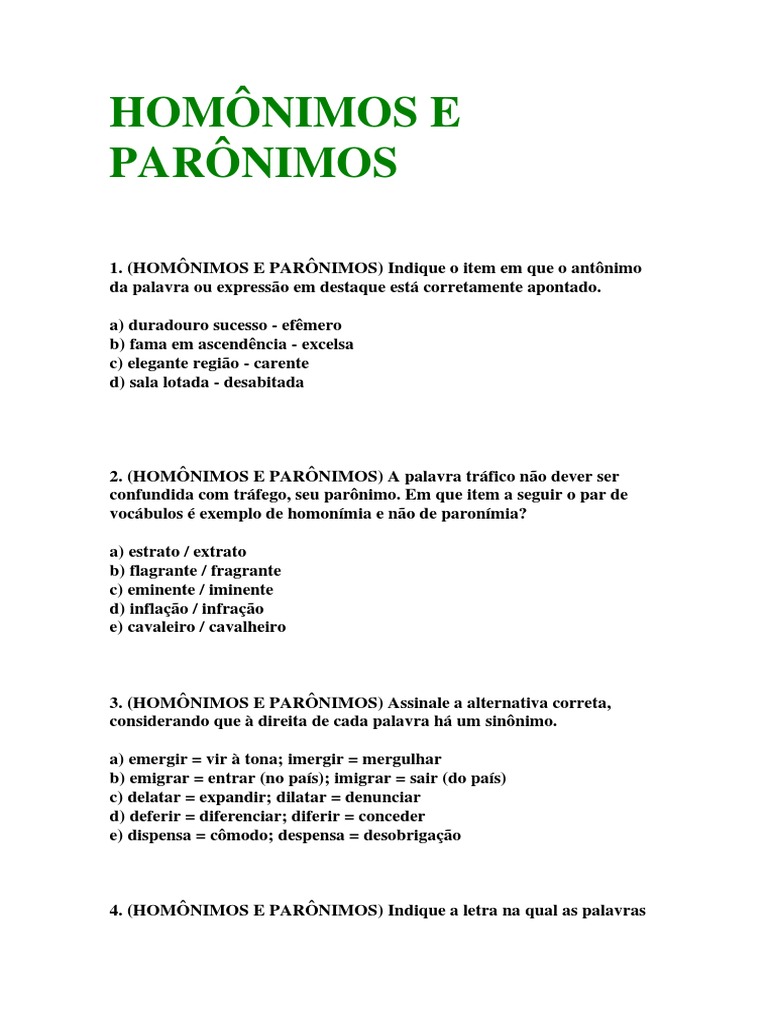 Homônimos e Parônimos Exercicios | PDF | Vocabulário | Lexicologia