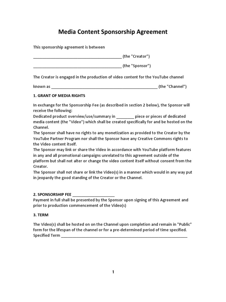 Media Content Sponsorship Agreement  PDF  Sponsor (Commercial Intended For athlete sponsorship agreement template