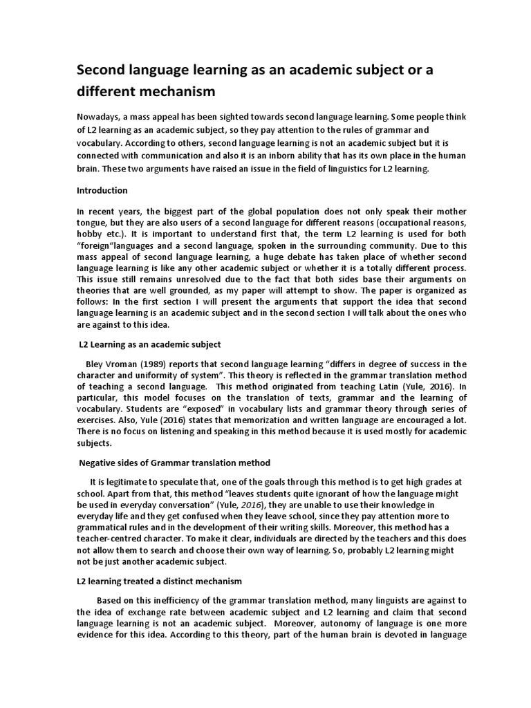 Second Language Learning As An Academic Subject or A Different ...