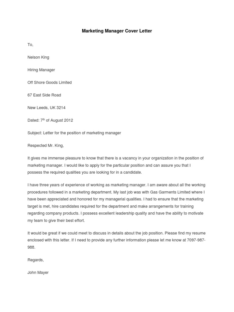 Marketing manager 2024 cover letter